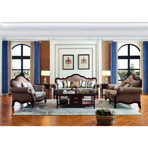 OEM ODM Simple Style <strong>Brown</strong> Hand Carved Cherry Solid Wood Living Room Fabric Sectional Sofa With Center Table for Apartment - Product Image 1