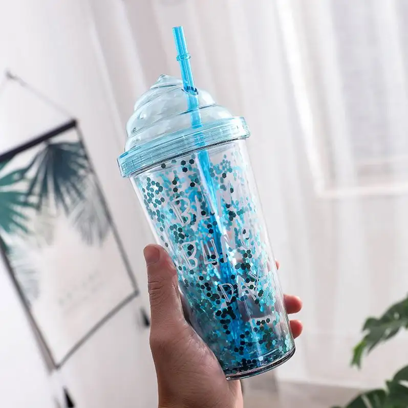 ज़ोगिफ्ट्स न्यू समर लार्ज गर्ल्स आइसक्रीम सेक्विन स्ट्रॉ वॉटर कोरियाई डबल प्लास्टिक प्यारा जूस ड्रिंक कप
