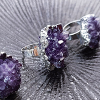 Vente en gros de bagues en pierre améthyste naturelle bague en grappe cristal brut cadeau bijoux en pierres précieuses bague réglable décoration de bouche