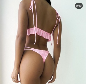 Women Black Deep V Neck Bikini Set With Ruffles Halter Lace Up <b>Thong</b> Bottom Swimwear Two Piece Swimsuit - Product Image 4