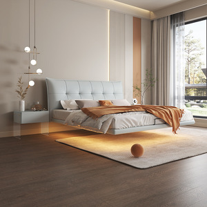 <span class=keywords><strong>Lit</strong></span> double flottant en cuir nappa moderne et minimaliste style wabi-sabi revêtement crème <span class=keywords><strong>cadre</strong></span> en bois haut <span class=keywords><strong>de</strong></span> gamme pour chambre principale - Product Image 3