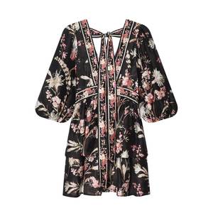 Vestido clásico laminado de media manga con cuello en V y estampado floral en la parte delantera y trasera para mujer, disponible en 2 colores - Product Image 5