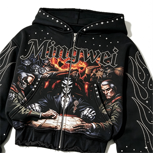 2026 480gsm Washed Black Gothic Crystal Flame Sleeve Skull <strong>War</strong> Table Map Boxy Crop Zip up <strong>Hoodie</strong> Mens - Product Image 4