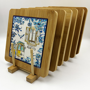 Sous-plat en céramique de style porto-léonais avec cadre en bambou et support en bois, tapis de <span class=keywords><strong>table</strong></span> en carreaux portugais pour la maison et la cuisine - Product Image 1