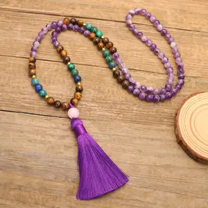 Bohemian Lapis Tiger Eye Amethyst Beads Necklace 108 Pcs Yoga Necklace Tassel Gemstone Necklace