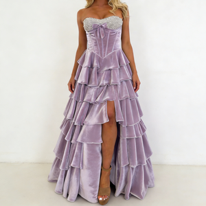 open lace back dress Celestial Lavender Velvet Maxi Dress