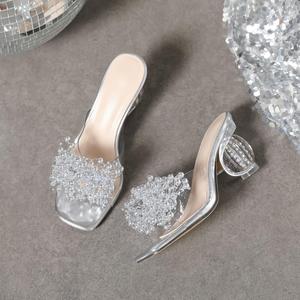 Women Square Toe Clear Strap <b>Mules</b> Pearl Beaded Decor Crystal Ball Chunky Heel Slip On Party Evening Sandals - Product Image 3