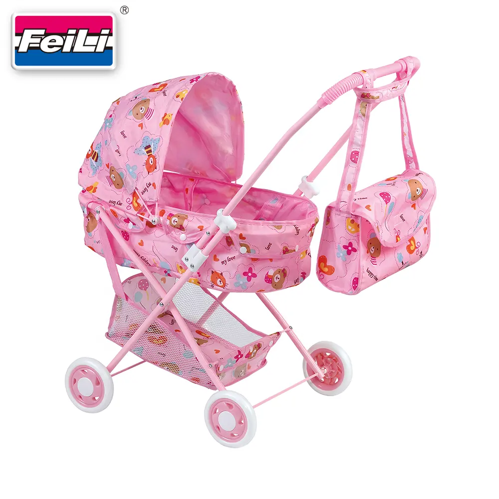 Feili toys doll pram stroller with shoulder bag handcart trolley baby doll pram stroller