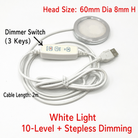 Lumière LED ronde à intensité variable pour sous-meuble, 10W, 60mm, température de couleur réglable, avec câble de 2m, lampe pour étagère de placard