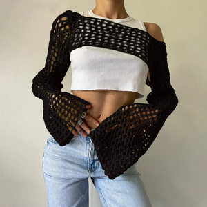 Maglione da donna lavorato a maglia a maniche lunghe <span class=keywords><strong>top</strong></span> corti estivo a rete traforato uncinetto verde Y2k Streetwear - Product Image 6