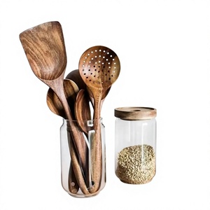 Juego de utensilios de madera de 1 pieza: espátulas, cuchara, cucharón ranurado, acabado natural, apto para lavavajillas y microondas, herramientas de cocina seguras para alimentos - Product Image 1