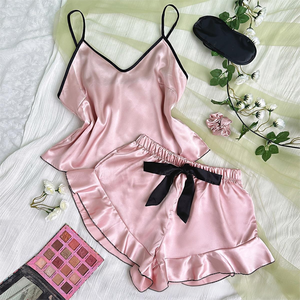 Conjunto de ropa de dormir de satén para mujer, con estampado Pijama de verano y otoño, pantalones cortos, ropa de descanso transpirable ligera - Product Image 2