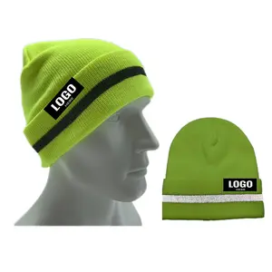 Custom logo High visibility Yellow Reflective Beanie hat Winter fluorescent Neon Knit Cap tuque Hi vis clothing