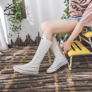 2023 nuevas botas de lona para mujer, botas largas, zapatos con cremallera, zapatos planos blancos, plataforma alta con cordones, zapatillas vulcanizadas cómodas con cremallera - Product Image 3