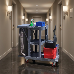 Heavy Duty Janitorial Cart With 4 <b>Wheels</b> <b>Plastic</b> Frame 2 Shelves Built-In Shelf Indoor Use - Product Image 2