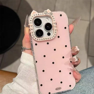 Étui de téléphone portable pour iPhone 16 17 Pro Max 15 14 Plus 13 12 Mini, motif de dessin animé tendance, vague, 2 en <span class=keywords><strong>1</strong></span>, avec lentille en diamant, oreilles de chat - Product Image 3