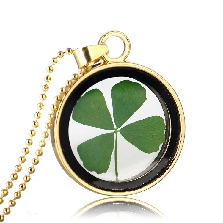 Best Selling Products Gold Pressed Real Dried Lucky Four Leaf Clover Necklace For Women