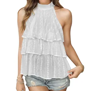 Summer Pleated Hanging Neck Casual Elegant Sleeveless Irregular Women's Sexy European And American Style Shirt Blouses Ladies