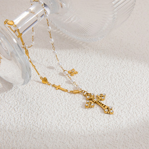 Fashion Layered Necklace 18K Gold Plated Imitation Pearl Heart <b>Cross</b> Pendant U Shape Clavicle <b>Chain</b> Multi Layer Jewelry - Product Image 3