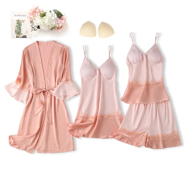 Ensemble pyjama d'été en satin soyeux pour femmes, 4 pièces, vêtements de nuit, Robe, kimono, couleur unie, sexy, nouvelle collection