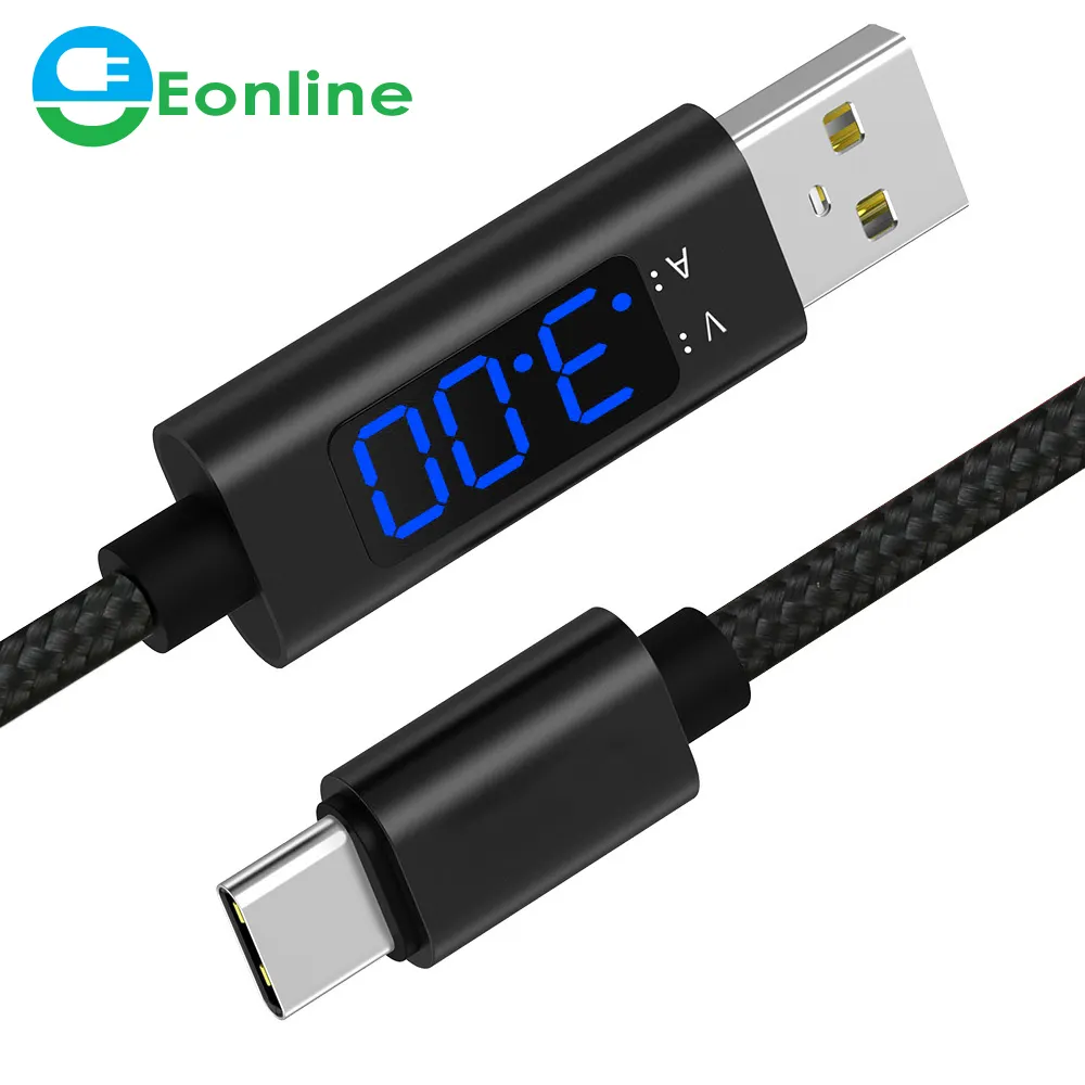 3A Type C Cable QC 3.0 Fast Charging LCD Voltage and Current Display Nylon Braided USB C Data Sync Cable