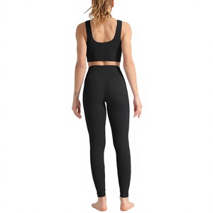 Ensemble de yoga 2 pièces : Leggings taille haute et brassière de sport dos nageur col en V, sans couture, noir uni, pour l'entraînement - Product Image 4