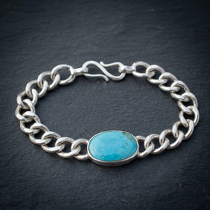 Classic 925 Silver Chain <b>Bracelet</b> With Turquoise Stone Bezel Set Unisex Everyday Wear - Product Image 4