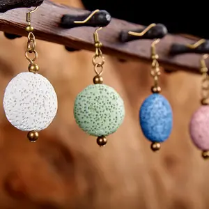 용암 바위 돌 귀걸이 동전 라운드 드롭 귀걸이 보석 화이트 그린 핑크 블루