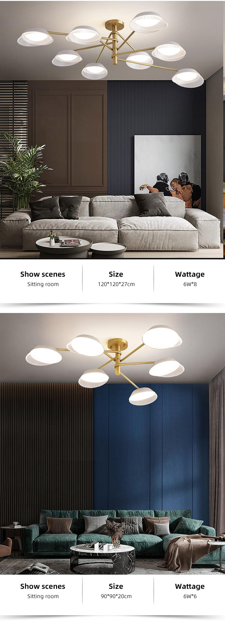 Modern Nordic Style 8 Lights Charataristic Acrylic PMMA Copper Frame Chandeliers Pendant Lights
