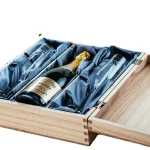 JUNJI Wholesale customized single bottle unfinished pine wooden wine packaging case engraved triple wine alcohol gift box