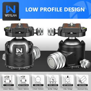 Tête de trépied à rotule DH52 52 mm, support de tête de trépied à rotule, monopode pour appareil photo, plaque de fixation rapide Arca, profil bas, charge maximale 30 kg - Product Image 3