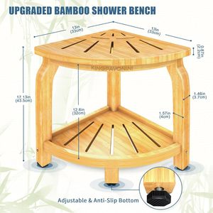 Tabouret d'angle en bambou en forme d'éventail 35,5x35,5x42 cm, siège de douche avec étagère pour les essentiels de bain - Product Image 4