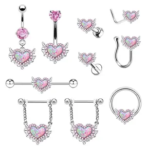 NUORO Fashion Pink Opal Heart Dangle Nipple Ring Nose Cuff Screw Helix Earring Cartilage Conch Piercing Heart Belly Button Rings