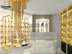 Premium Eco-Friendly Perfume <b>Display</b> <b>Cabinet</b> | Custom White & Gold LED <b>Wall</b> Showcase for Luxury Fragrance Stores (Recyclable) - Product Image 2