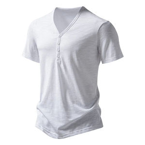 Camiseta deportiva de verano para hombre a la moda nueva de cuatro botones con cuello en V de manga corta blanco sólido de poliéster/algodón - Product Image 5