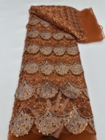 Tissu en dentelle brodée de sequins perlés orange brûlé pour robes de mariée - Luxe élégant 100% polyester