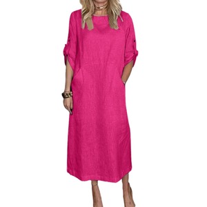 1103 Linen Mama hàng ngày Loose Vòng cổ ăn mặc cộng với kích thước giản dị cotton cao cấp Phụ nữ vải dài màu đen hiện đại phong cách Châu Âu - Product Image 1