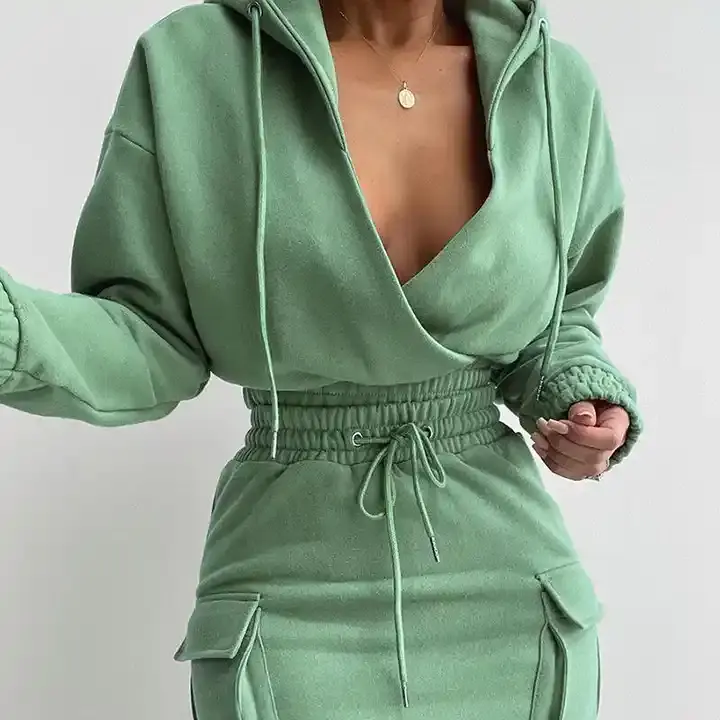 Fall 2023 Women Clothes Two Piece Skirt Set Sexy Streetwear V-neck Hoodie And 3d Pockets Skirts For Women