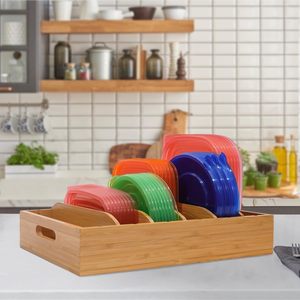 2 paket bambu kapak tutucu tek katmanlı ayakta tip mutfak düzenleyici gıda konteyner ile 5 ayarlanabilir bölücüler tencere kapağı depolama - Product Image 4