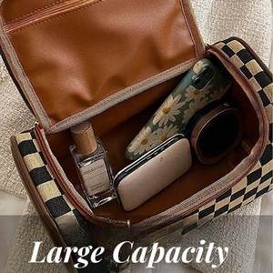 Plaid Portable Cosmetic Bag Large Capacity for Organizer Travel Waterproof <b>Makeup</b> Storage Carry Pouch Journey Groom Kit PU - Product Image 3