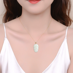 Pendentif en forme de feuille en jadéite blanche, en or 18 carats véritable, bijou en jade naturel, collier - Product Image 4