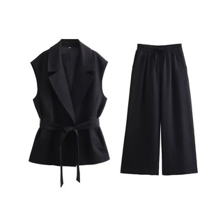 Temperamento Casual con cinturón Chaleco suelto Pantalones de pierna ancha de cintura alta Conjunto de dos piezas <span class=keywords><strong>Ramin</strong></span> de algodón y lino para mujer Moda - Product Image 3