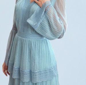 Customized Premium Designer Clothes Lace Panel Dress Layered Ruffle Hem Elegant Pleated Gown for Women Evening Party <strong>Wear</strong> OEM - Product Image 2