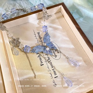 Korean Heavy Industry Blue Crystal Minimalist <b>Necklace</b> Women's <b>Long</b> Tassel High-end Clavicle Chain Electroplated X1894 Silver Ko - Product Image 4