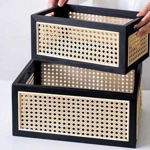 Cesta de Almacenamiento de Ratán Rectangular, Organizador de Escritorio de Madera Maciza, Caja para Libros, Estilo Japonés Retro, Caja Decorativa de Almacenamiento - Product Image 3