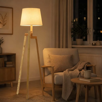 Lampe sur pied en bois LED avec abat-jour en tissu blanc, design minimaliste moderne, base à douille E26/E27 pour salon, chambre à coucher