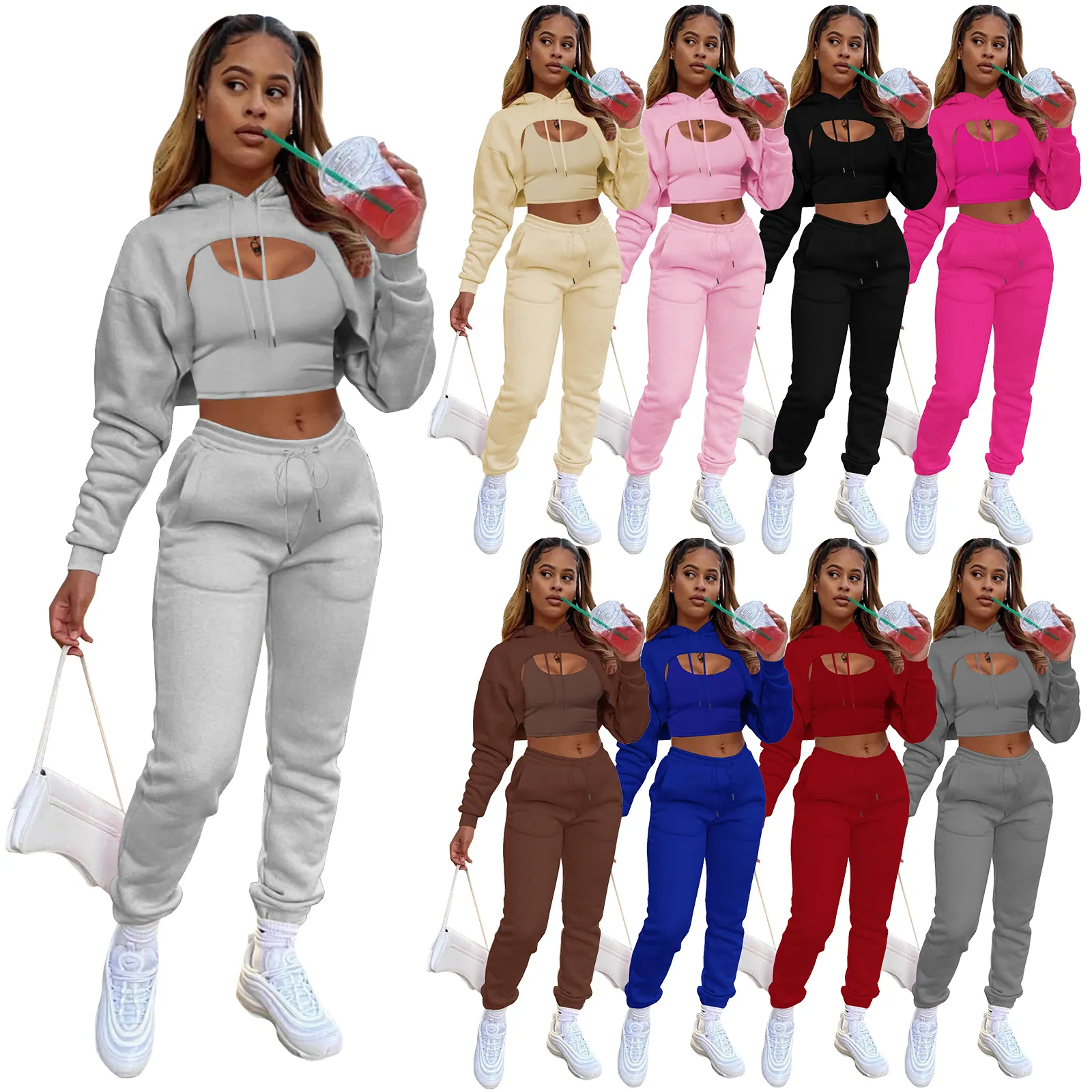 Hochwertige Herbst Winter Baumwolle Hoodie Weste und Hosen Jogger Set 3 Stück Trainings anzug Outfits Dreiteiliges Set Damen bekleidung