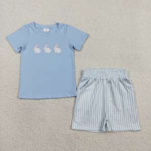 Conjuntos de 2 Piezas de Camiseta y Pantalones Cortos Casuales de Algodón y Elastano con Estampado de Conejo de Pascua RTS para Niños, Ropa Infantil al por Mayor para Primavera y Otoño - Product Image 4