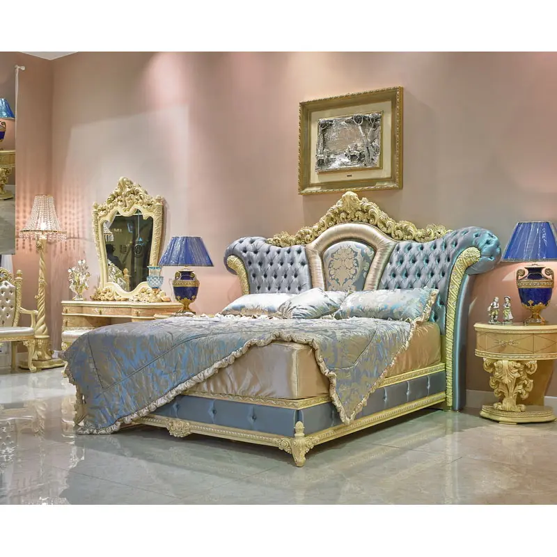 Conjunto de dormitorio clásico real europeo, muebles de lujo, camas talladas king size, antiguo, para sala de estar