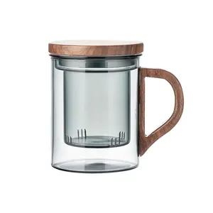 Wholesale 2024 Grey High Borosilicate Glass Tea Cup Glass Drinks Coffee Cups with Handle and wood cover and filter 400ml